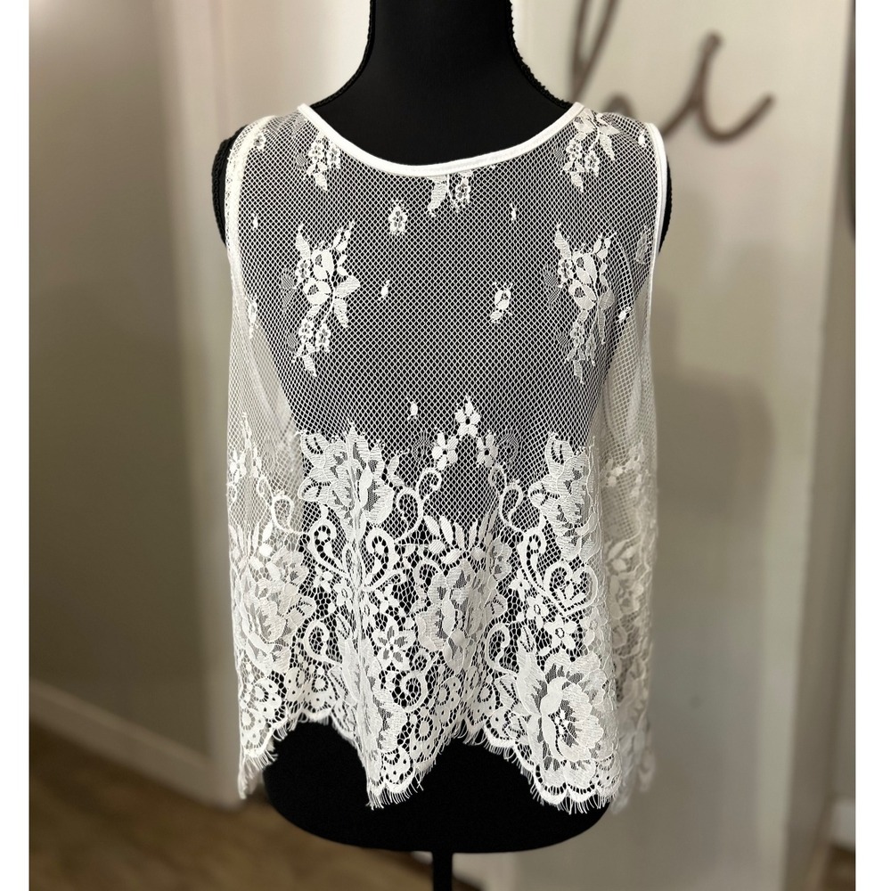 NWT Y2K Bongo Womens White‎ Lace Overlay Sheer Tank Top Juniors XL New